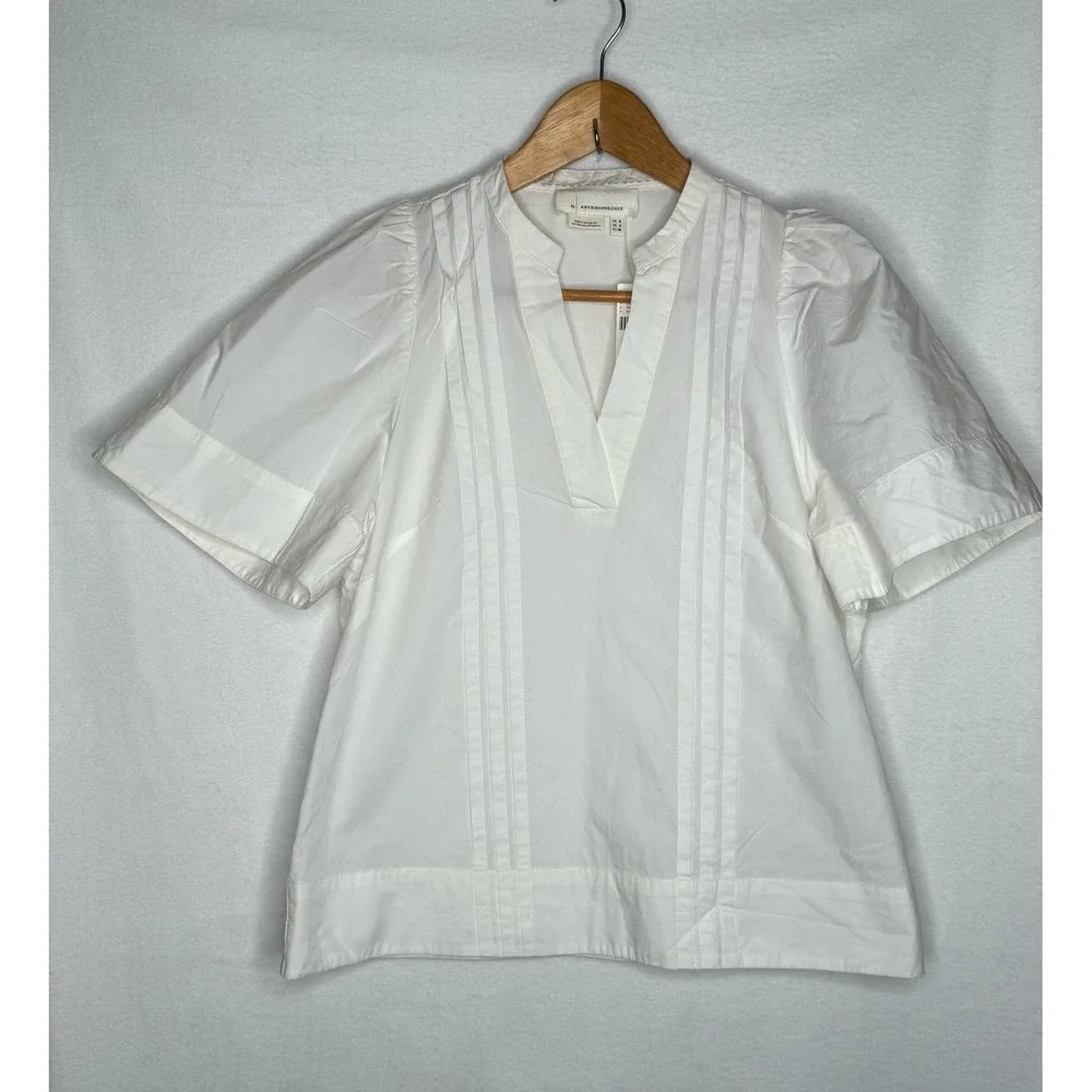 Anthropologie White Cotton Pintuck Puff Sleeve Blouse Top Size 2 Coastal NWT
